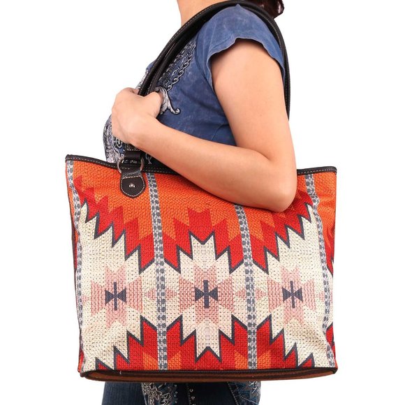 Large Leather Trim Aztec  Design Canvas Tote Bag - Picture 2 of 4